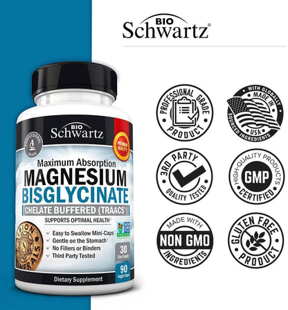 Magnesium Bisglycinate 100% Chelate No-Laxative Effect - Maximum Absorption & Bioavailability, Fully Reacted & Buffered - Healthy Energy Muscle Bone & Joint Support - Non-GMO Project Verified - 90 ct