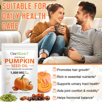 Pumpkin Seed Oil Softgels 300 Count – 1000mg per Serving with Saw Palmetto | Prostate, Urinary & Hair Health | Non-GMO