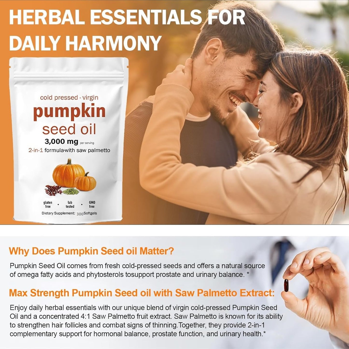 Magic Doll Pumpkin Seed Oil with Saw Palmetto Capsules – Cold Pressed, 300 Softgels | Supports Hair, Urinary, Bladder & Prostate Health | Non-GMO (2 Bags, 300 Count)