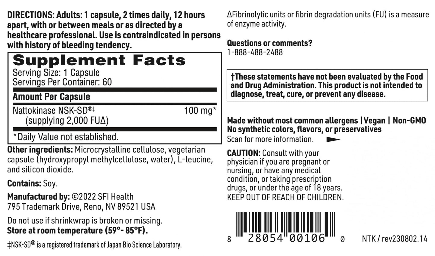 Klaire Labs SFI Health Nattokinase NSK-SD – Proteolytic Enzyme, Dairy & Gluten-Free (60 Capsules)