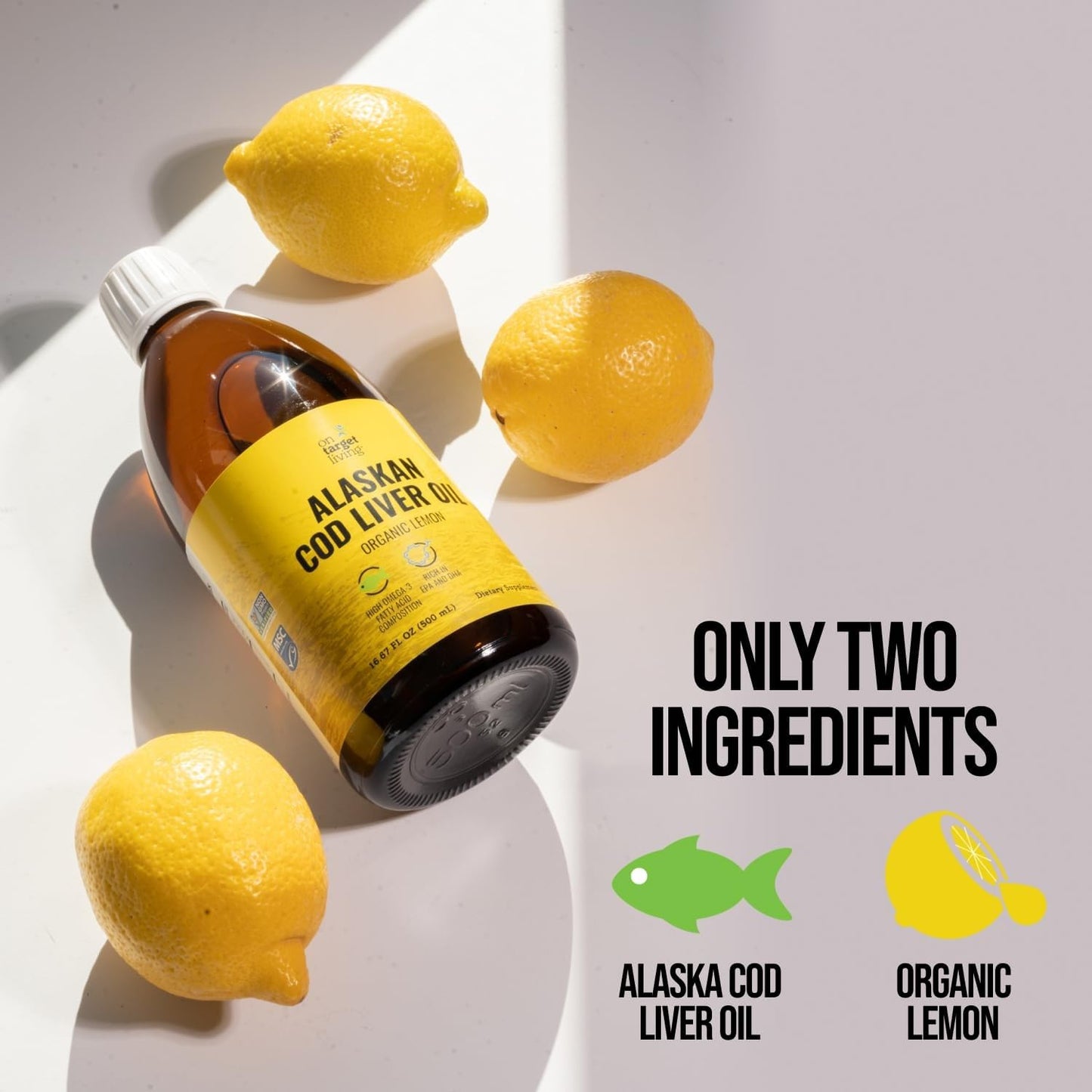 On Target Living Alaskan Cod Liver Oil – Organic Lemon 16.67 oz | Line Caught USA | Vitamin D | Omega-3 DHA/EPA | Non-GMO