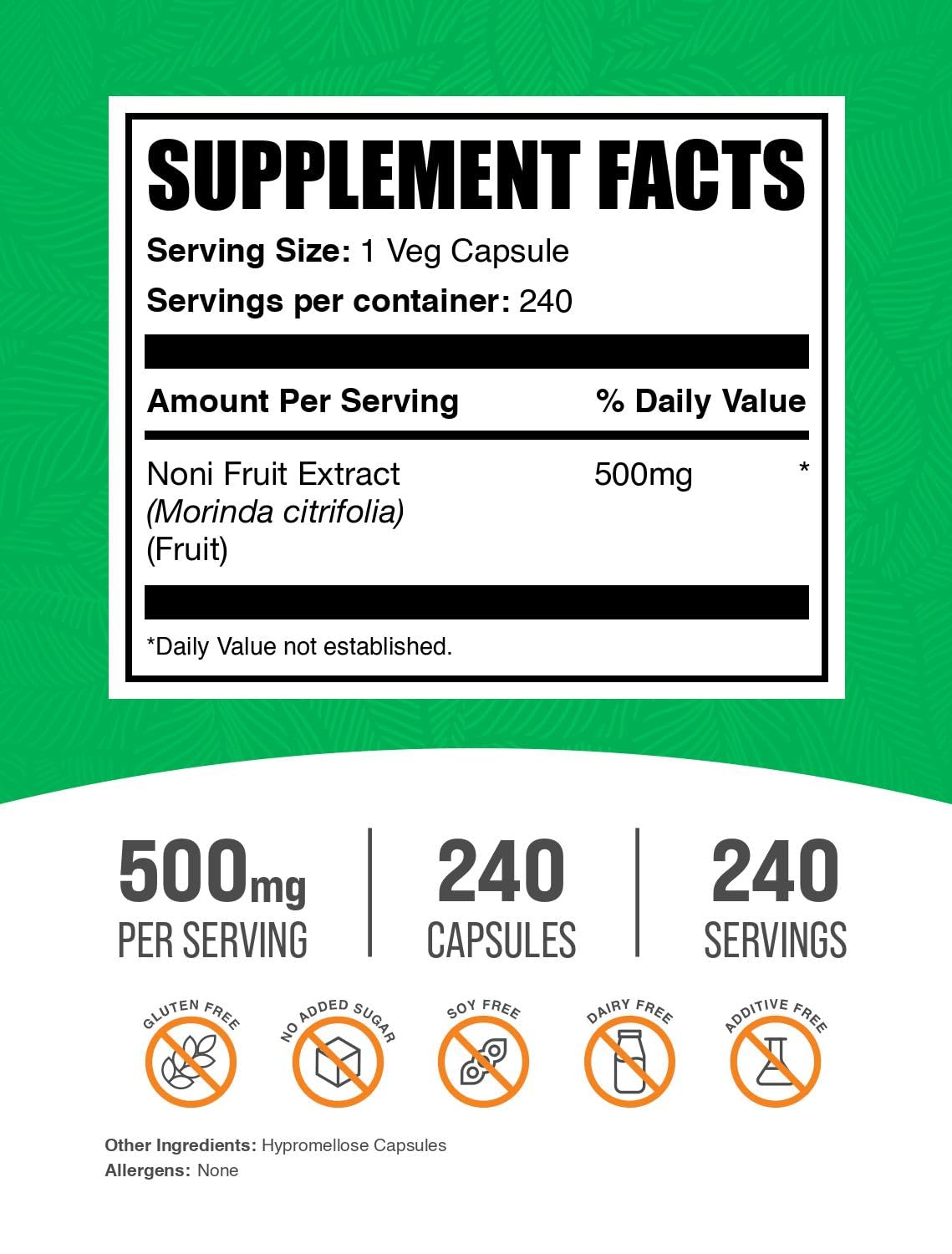BulkSupplements Noni Extract Capsules 500mg – Gluten Free, 240 Veg Capsules