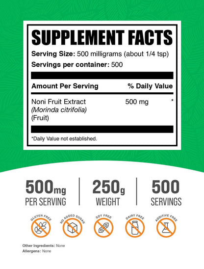 Noni Fruit Extract Powder - Gluten Free, 500 mg per Serving, 250 g | BulkSupplements