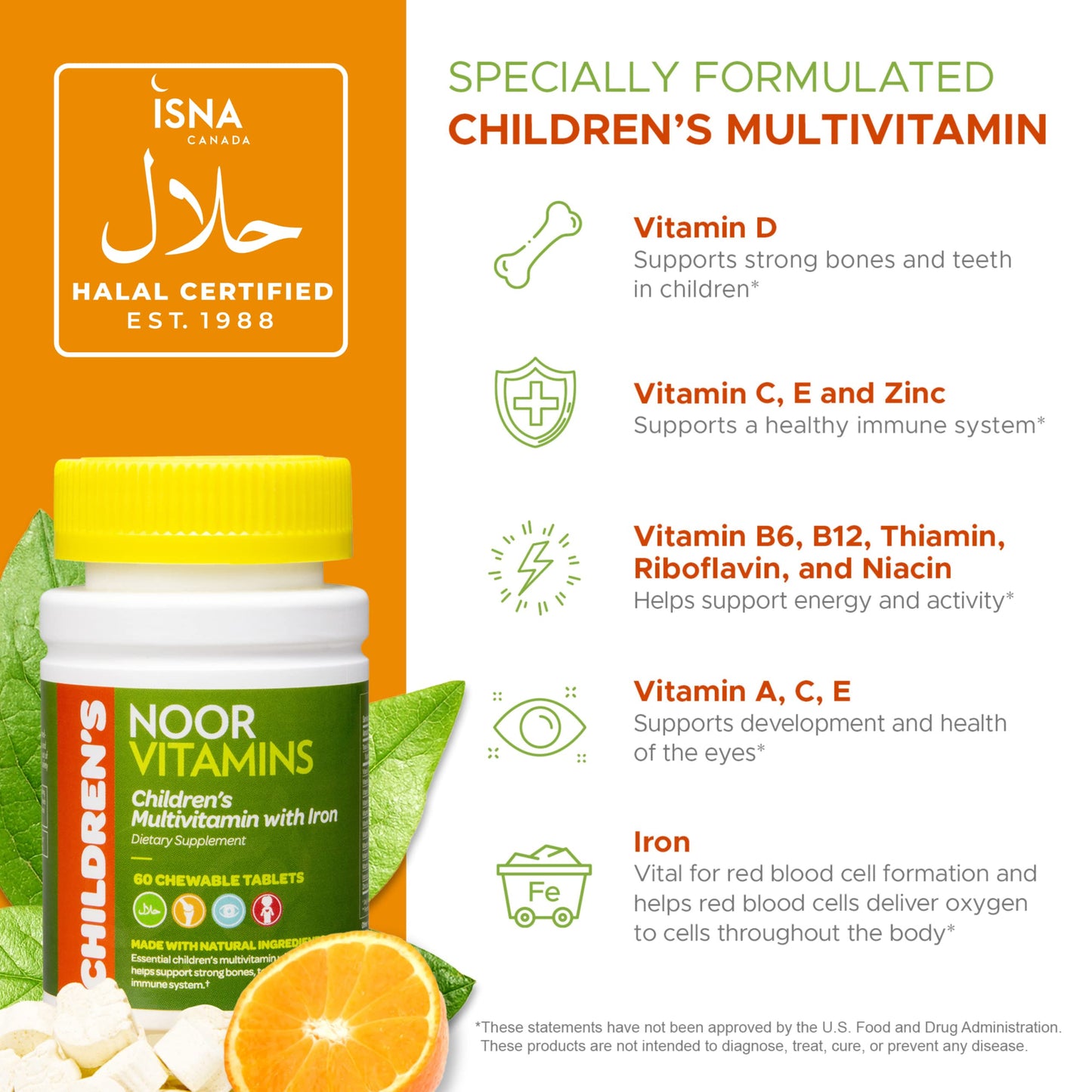Noor Vitamins Halal Kids Multivitamin Chewable - Immune, Bone & Eye Health | Iron, Non-GMO, Gluten Free - 60 Count