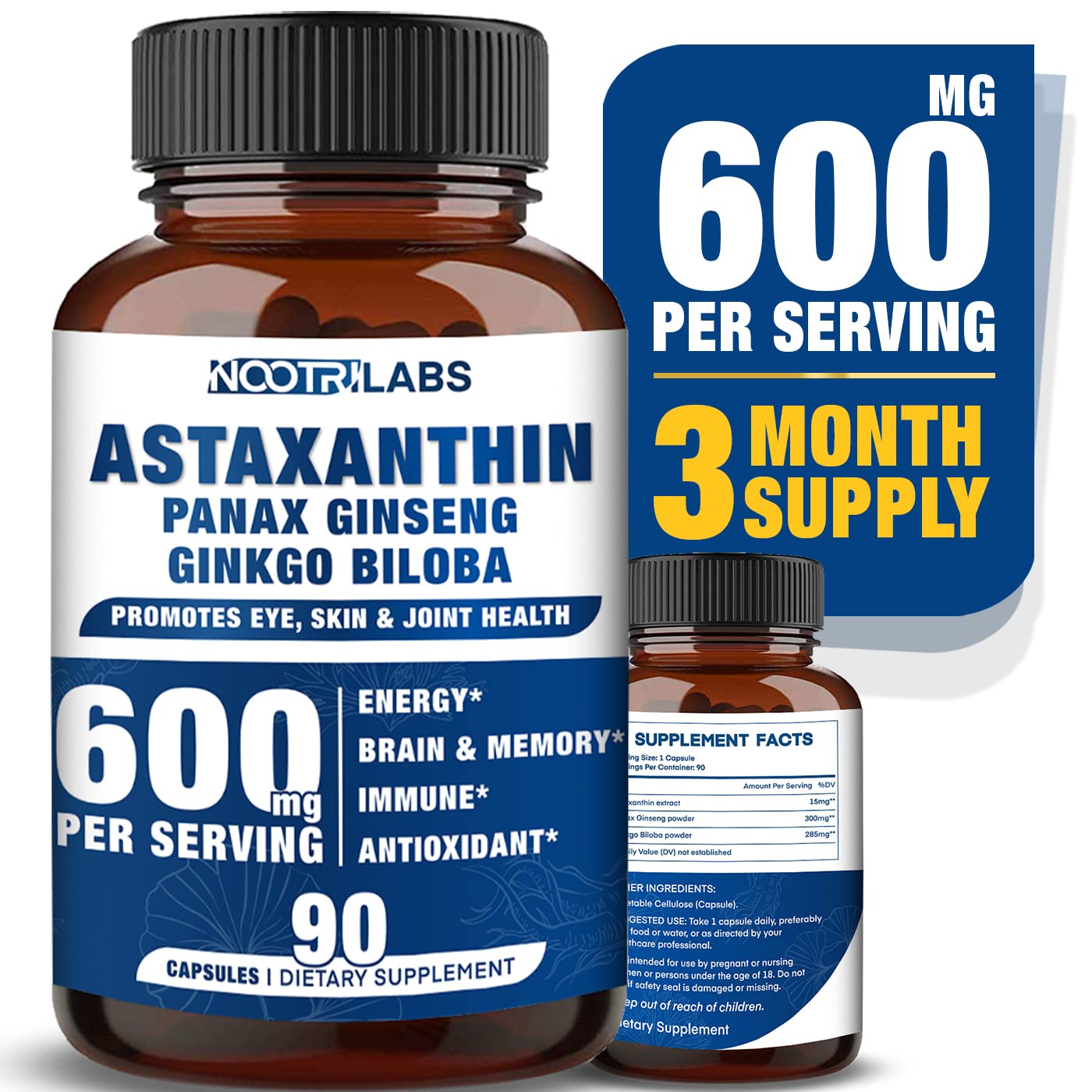 Nootrilabs Naturals Astaxanthin 15mg + Panax Ginseng + Ginkgo – 90 Vegan Capsules