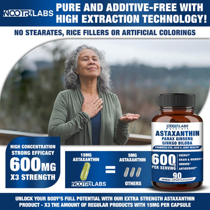 Nootrilabs Naturals Astaxanthin 15mg + Panax Ginseng + Ginkgo – 90 Vegan Capsules