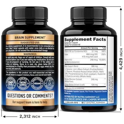 Brain Supplement 750 mg – 12-in-1 Nootropic for Memory & Focus | Made in USA, 60 Capsules