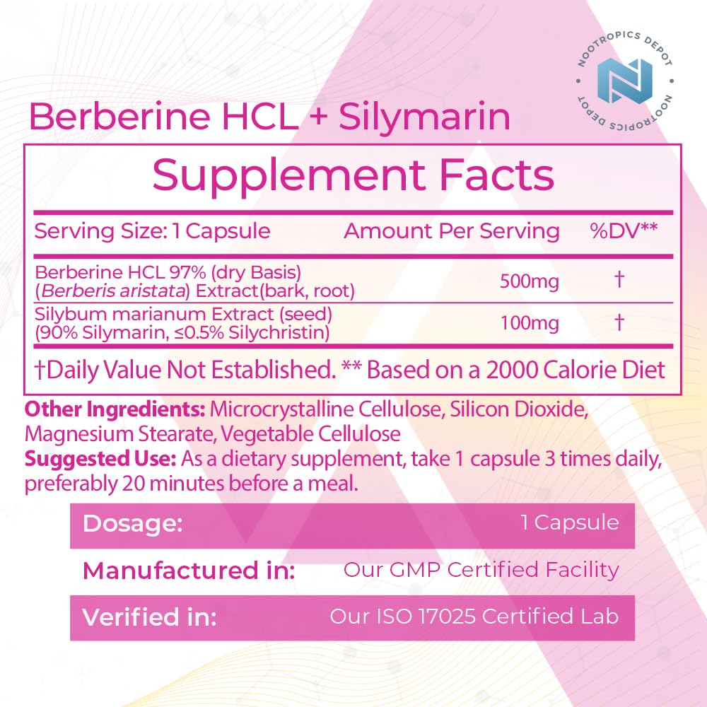Nootropics Depot Berberine HCL + Silymarin Capsules | 500mg + 90mg | 60 Count | Supports Cellular Function, Metabolic Function