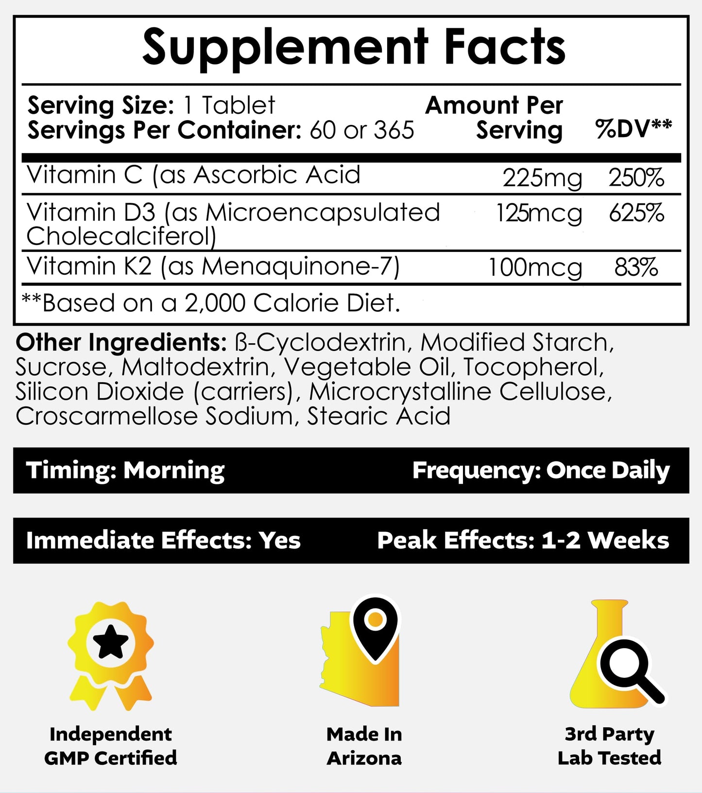 Nootropics Depot Vitamin D3 + K2 with Vitamin C Tablets – 365 Count, 125µg (5000 IU) Year Supply