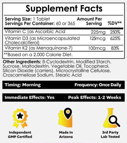 Nootropics Depot Vitamin D3 + K2 with Vitamin C Tablets – 365 Count, 125µg (5000 IU) Year Supply