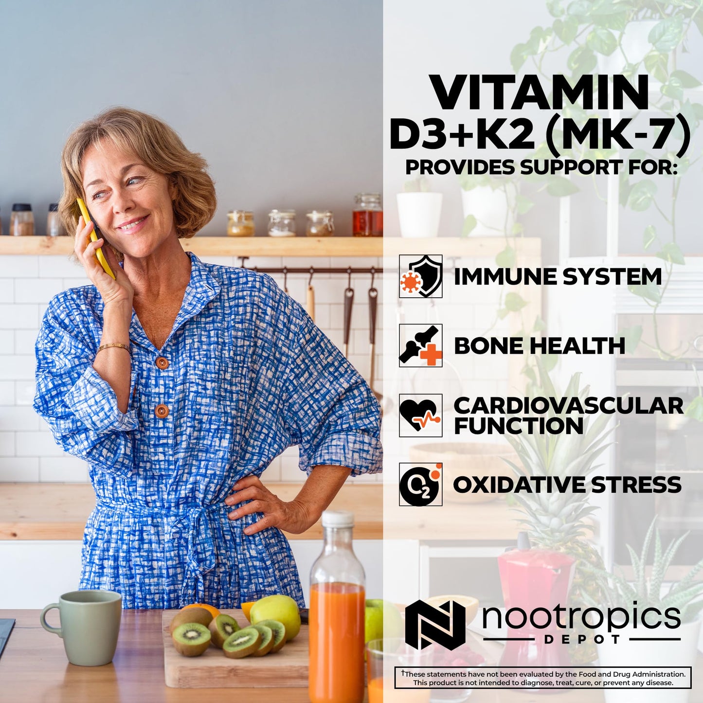 Nootropics Depot Vitamin D3 + K2 with Vitamin C Tablets – 365 Count, 125µg (5000 IU) Year Supply