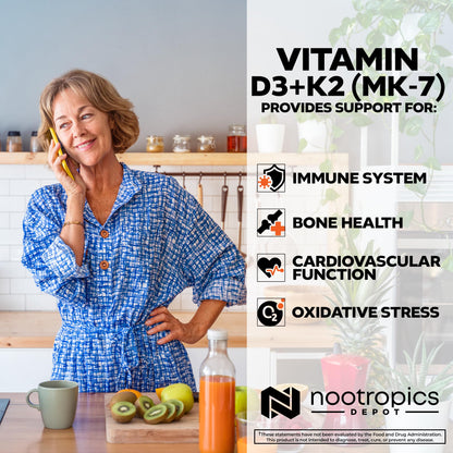 Nootropics Depot Vitamin D3 + K2 with Vitamin C Tablets – 365 Count, 125µg (5000 IU) Year Supply
