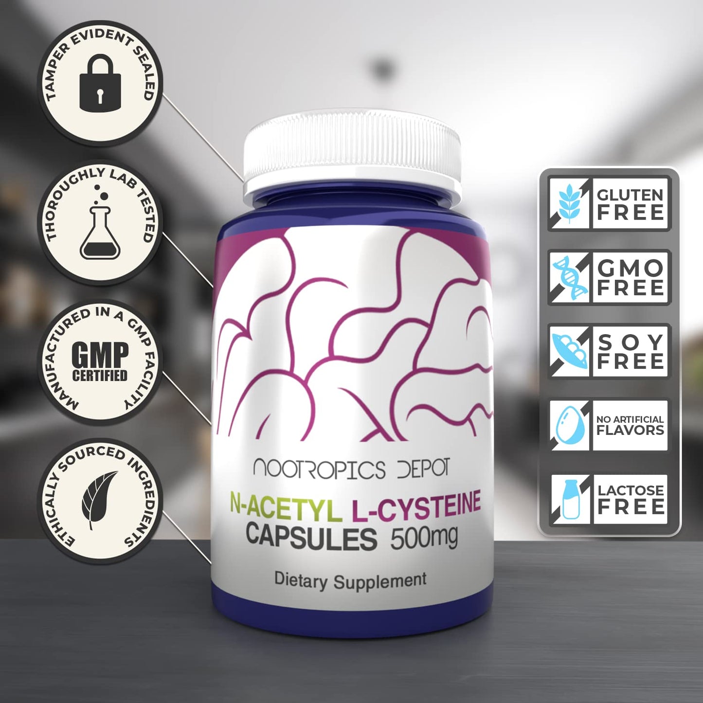Nootropics Depot NAC 500mg Capsules – N-Acetyl L-Cysteine, 180 Count
