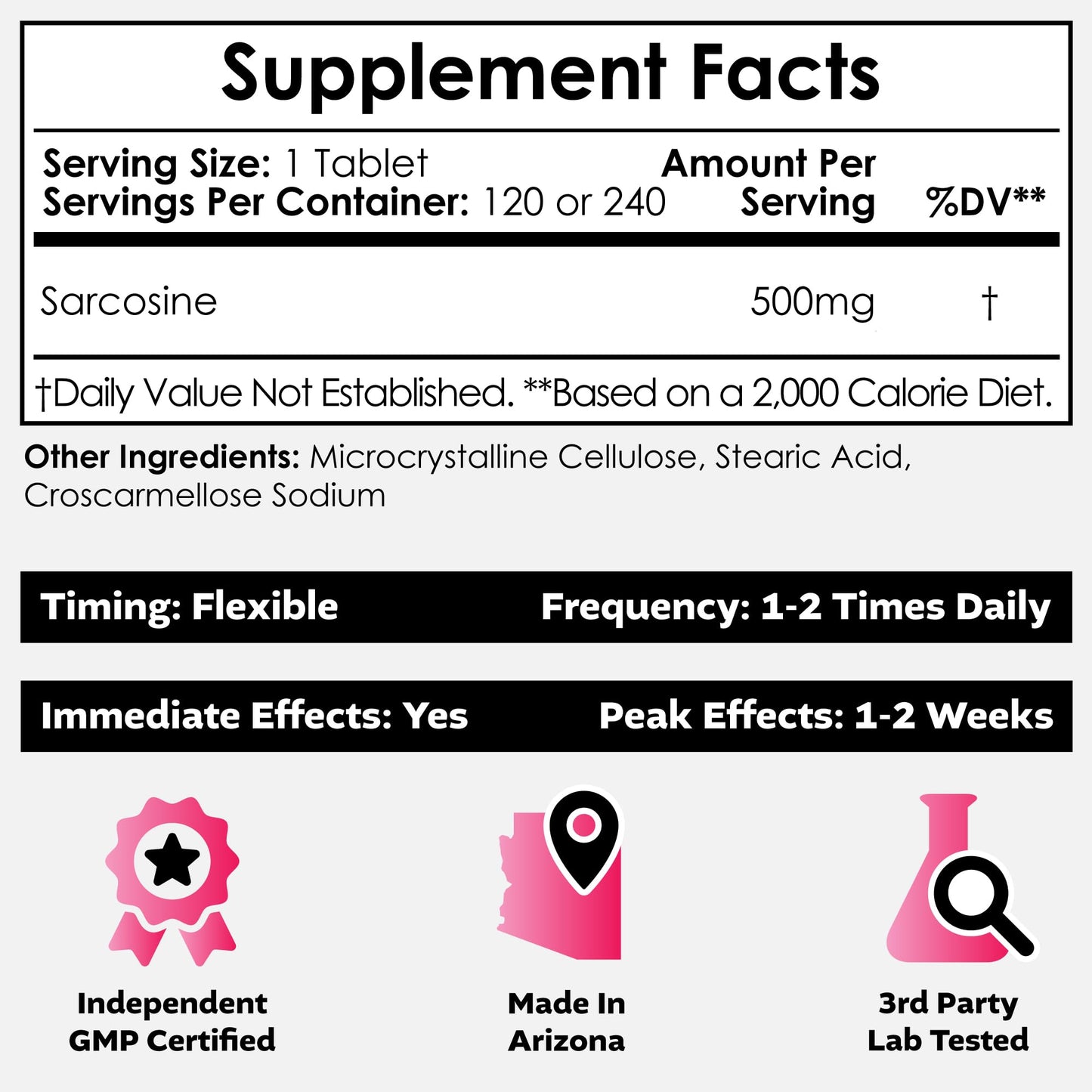 Nootropics Depot Sarcosine Tablets 500mg | 240 Count | Chewable