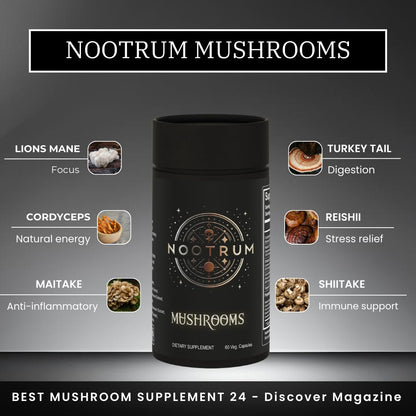 Nootrum Mushrooms | 1 Month Capsule Supply with Lion's Mane, Cordyceps & Reishi