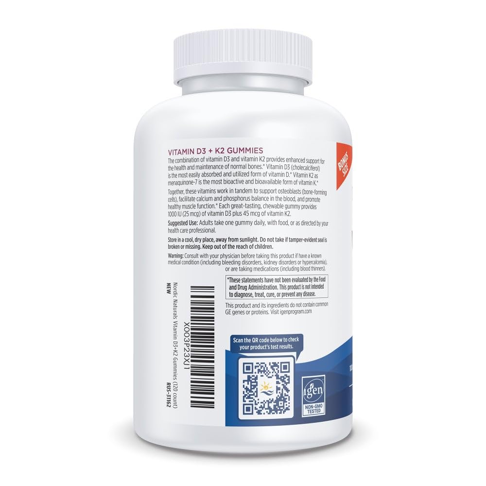 Nordic Naturals Vitamin D3 + K2 Gummies, Pomegranate – 120 Gummies (1000 IU D3 + 45 mcg K2) | Non-GMO