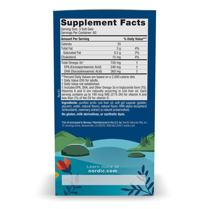 Nordic Naturals Arctic Cod Liver Oil Lemon – 180 Soft Gels | 750 mg Omega-3s (EPA & DHA)