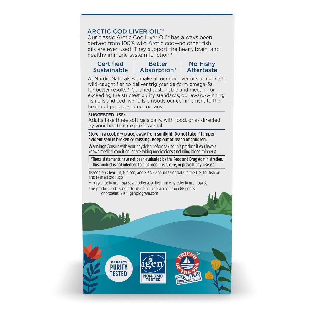 Nordic Naturals Arctic Cod Liver Oil Lemon – 180 Soft Gels | 750 mg Omega-3s (EPA & DHA)
