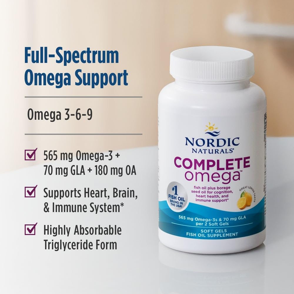 Nordic Naturals Complete Omega Lemon Flavor — 180 Soft Gels (565 mg Omega-3) | EPA & DHA + GLA | Non-GMO