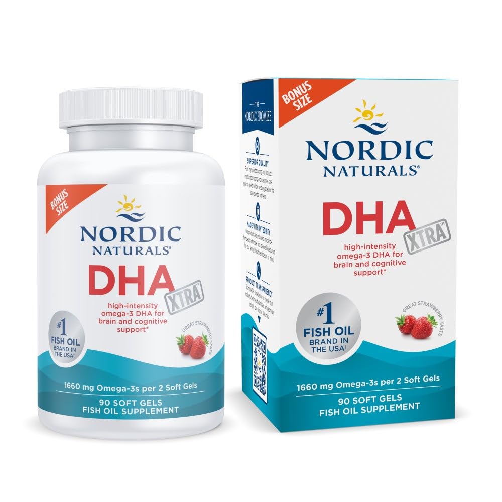 Nordic Naturals DHA Xtra Strawberry – 90 Soft Gels | 1660 mg Omega-3 | High-Intensity DHA for Brain & Nervous System