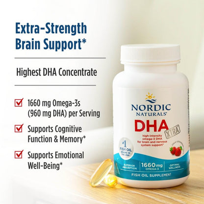 Nordic Naturals DHA Xtra Strawberry – 90 Soft Gels | 1660 mg Omega-3 | High-Intensity DHA for Brain & Nervous System