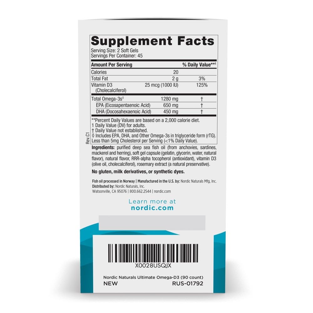 Nordic Naturals Ultimate Omega-D3 Lemon | 90 Soft Gels, 1280 mg Omega-3 + 1000 IU D3
