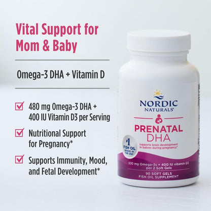 Nordic Naturals Prenatal DHA, Unflavored — 180 Soft Gels, 830 mg Omega-3 + 400 IU Vitamin D3 | Non-GMO, Official Omega-3 of the American Pregnancy Association