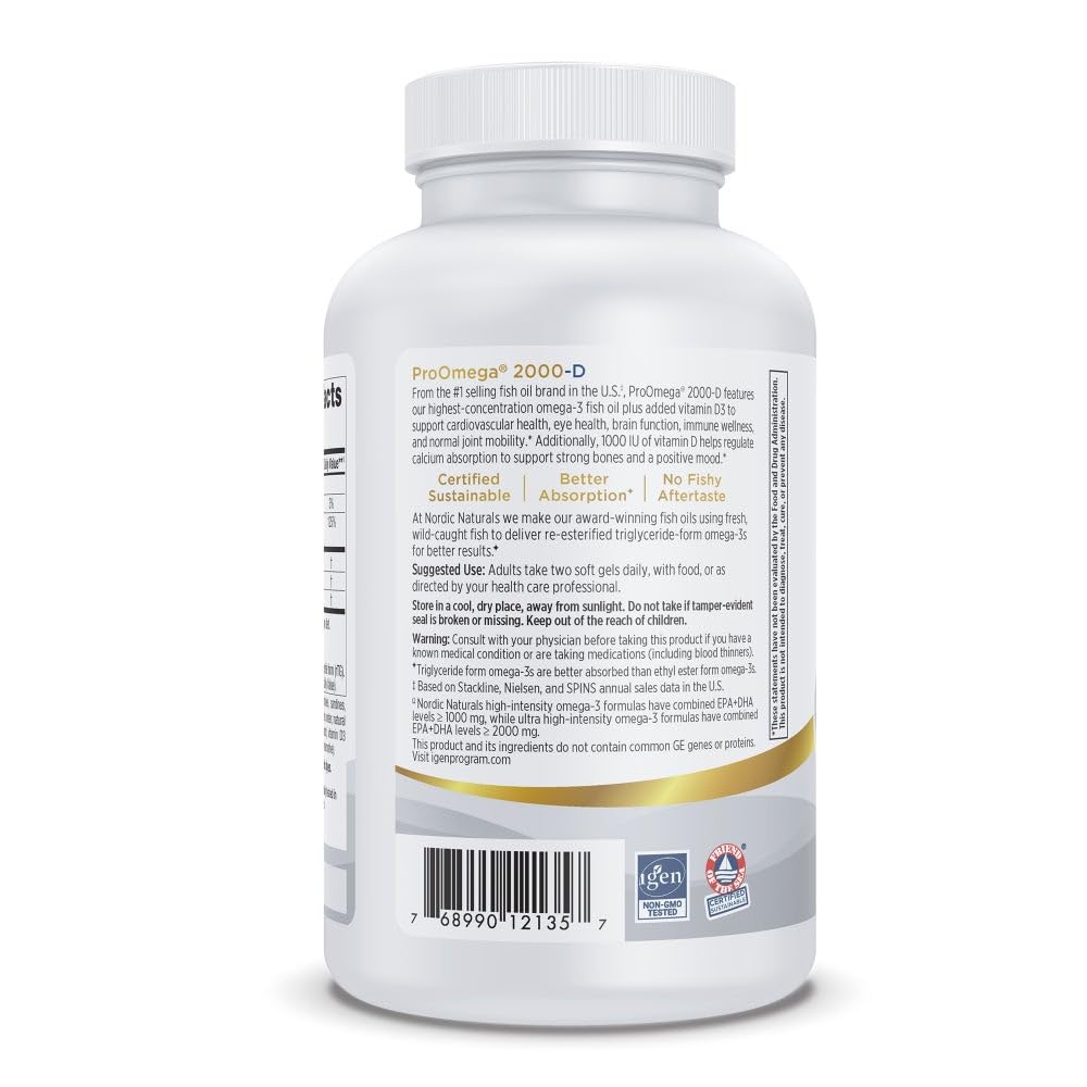 Nordic Naturals ProOmega 2000-D Lemon Flavor | 120 Soft Gels, 2150 mg Omega-3 + 1000 IU D3