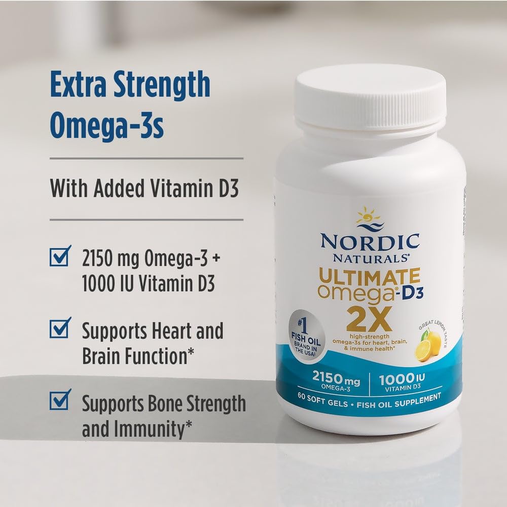Nordic Naturals Ultimate Omega 2X with Vitamin D3 – Lemon Flavor | 60 Soft Gels, 2150 mg Omega-3 + 1000 IU D3