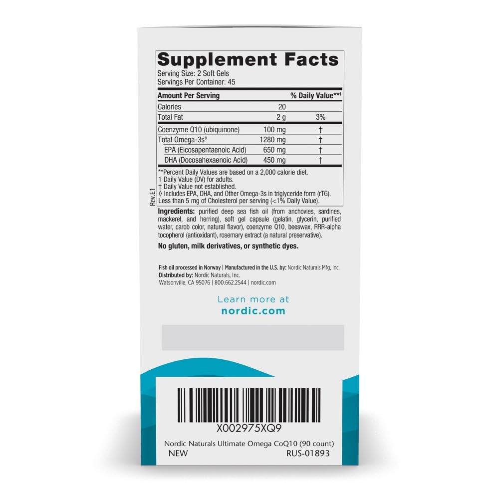 Nordic Naturals Ultimate Omega + CoQ10 Lemon - 90 Soft Gels | 1280 mg Omega-3 + 100 mg CoQ10