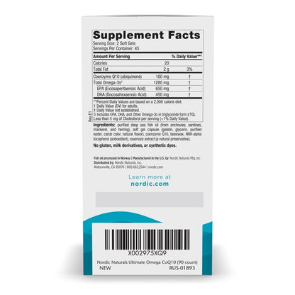 Nordic Naturals Ultimate Omega + CoQ10 Lemon - 90 Soft Gels | 1280 mg Omega-3 + 100 mg CoQ10