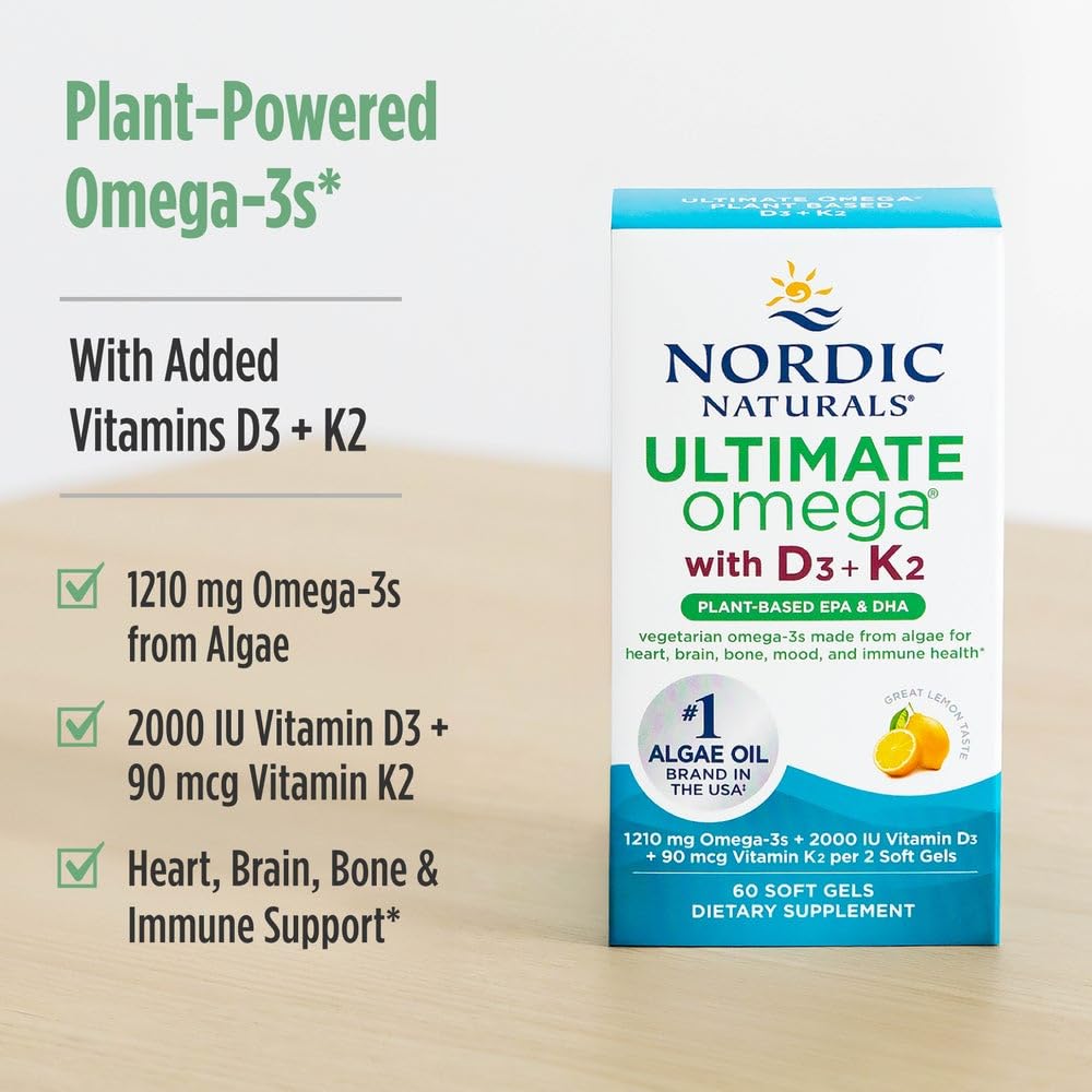 Nordic Naturals Ultimate Omega Plant-Based with Vitamin D3 + K2 – 60 Veggie Soft Gels | 1210 mg Omega-3s, 2000 IU D3, 90 mcg K2