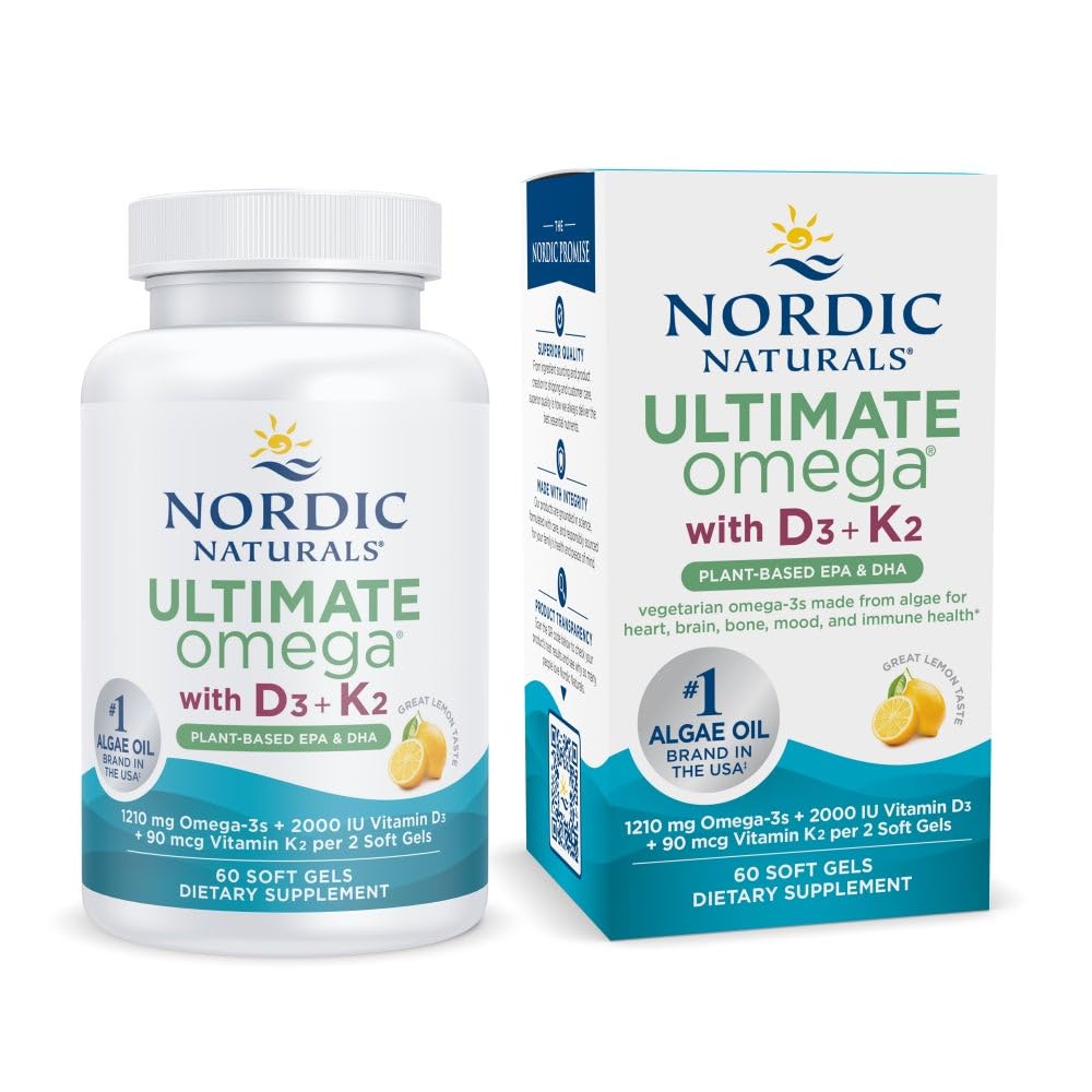 Nordic Naturals Ultimate Omega Plant-Based with Vitamin D3 + K2 – 60 Veggie Soft Gels | 1210 mg Omega-3s, 2000 IU D3, 90 mcg K2
