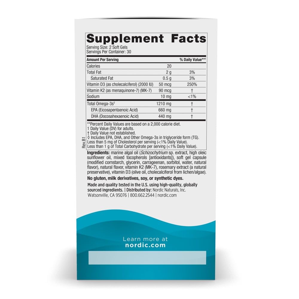 Nordic Naturals Ultimate Omega Plant-Based with Vitamin D3 + K2 – 60 Veggie Soft Gels | 1210 mg Omega-3s, 2000 IU D3, 90 mcg K2