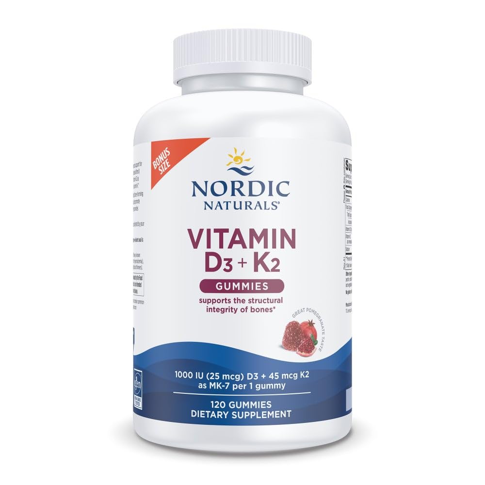 Nordic Naturals Vitamin D3 + K2 Gummies, Pomegranate – 120 Gummies (1000 IU D3 + 45 mcg K2) | Non-GMO