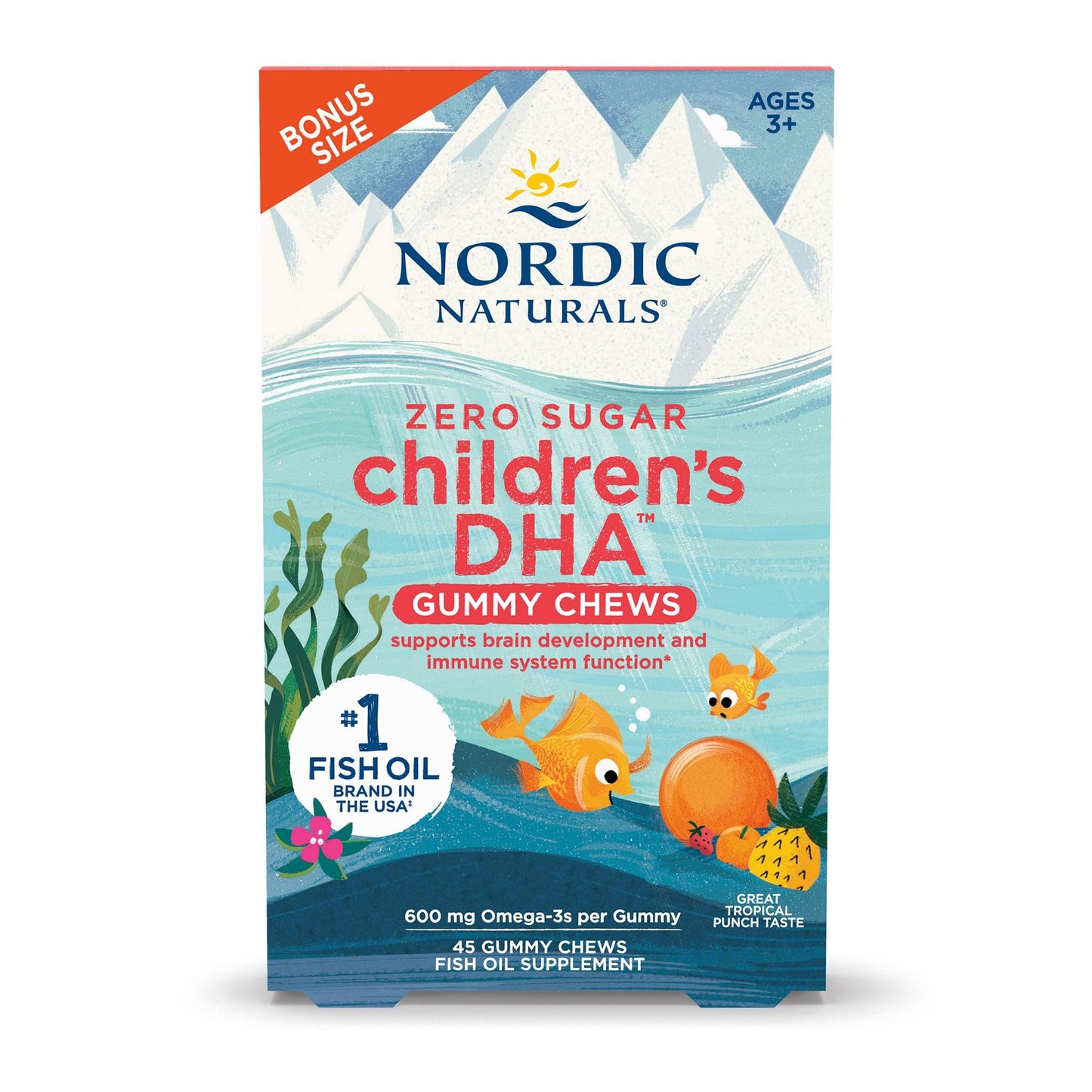 Nordic Naturals Zero Sugar Children’s DHA Gummy Chews - Tropical Punch, 45 Gummies | 600 mg Total Omega-3s