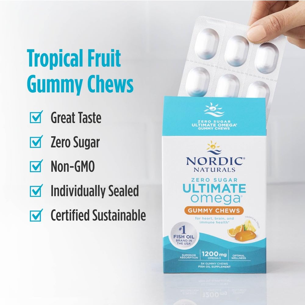 Nordic Naturals Zero Sugar Ultimate Omega Gummy Chews – Tropical Fruit Flavor, 54 Gummies, Non-GMO, 27 Servings
