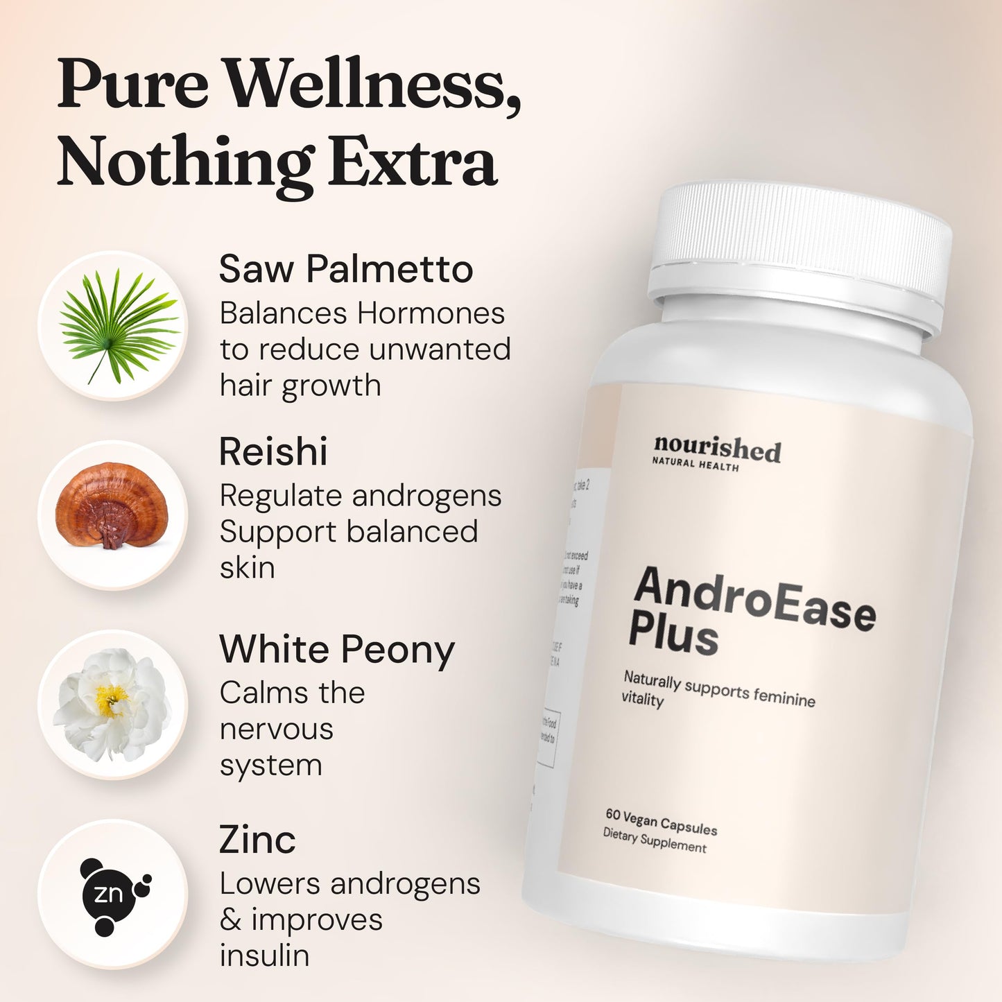 Nourished AndroEase Plus – Vegan Hormone Balance for Women | Zinc, Reishi, Green Tea