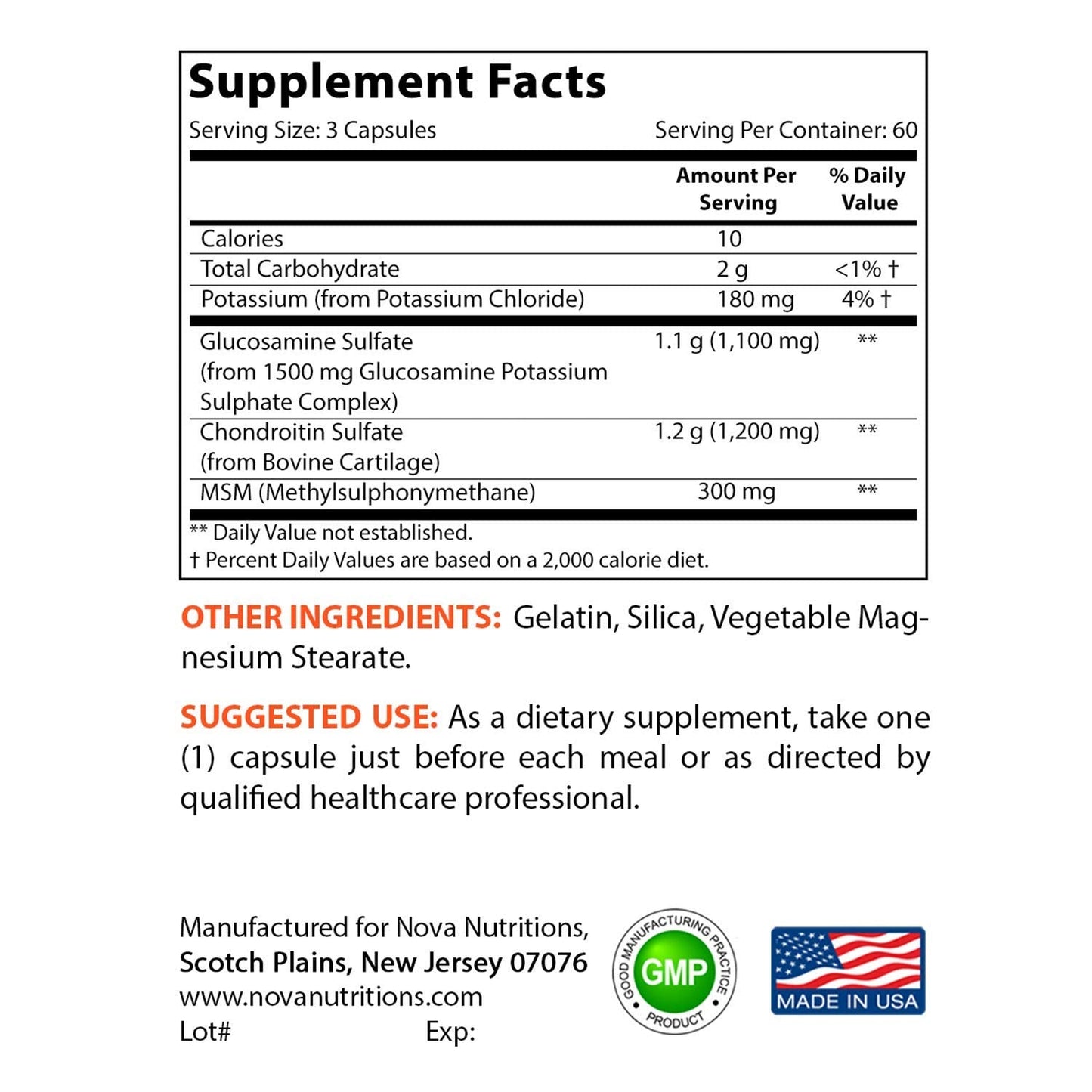 Nova Nutritions Triple Strength Glucosamine Chondroitin MSM 2600mg/Serving – 180 Count Capsules | Joint Health & Flexibility