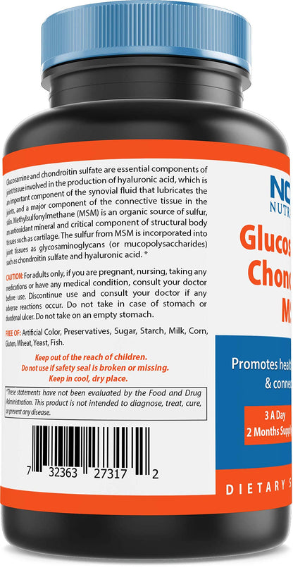 Nova Nutritions Triple Strength Glucosamine Chondroitin MSM 2600mg/Serving – 180 Count Capsules | Joint Health & Flexibility