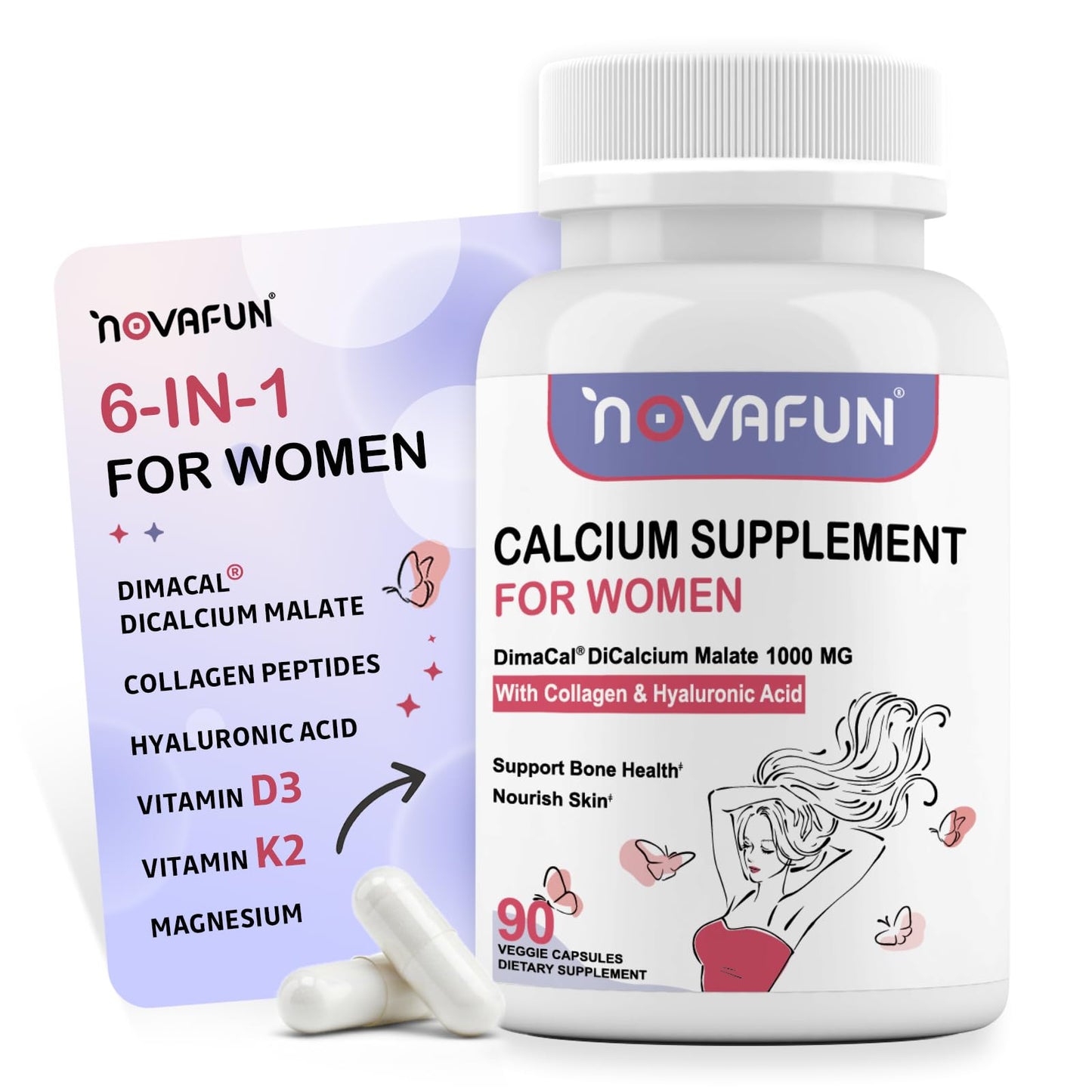 Novafun Calcium 1000mg for Women – Dicalcium Malate with Vitamin D3, K2, Magnesium, Collagen & Hyaluronic Acid | 90 Veggie Capsules