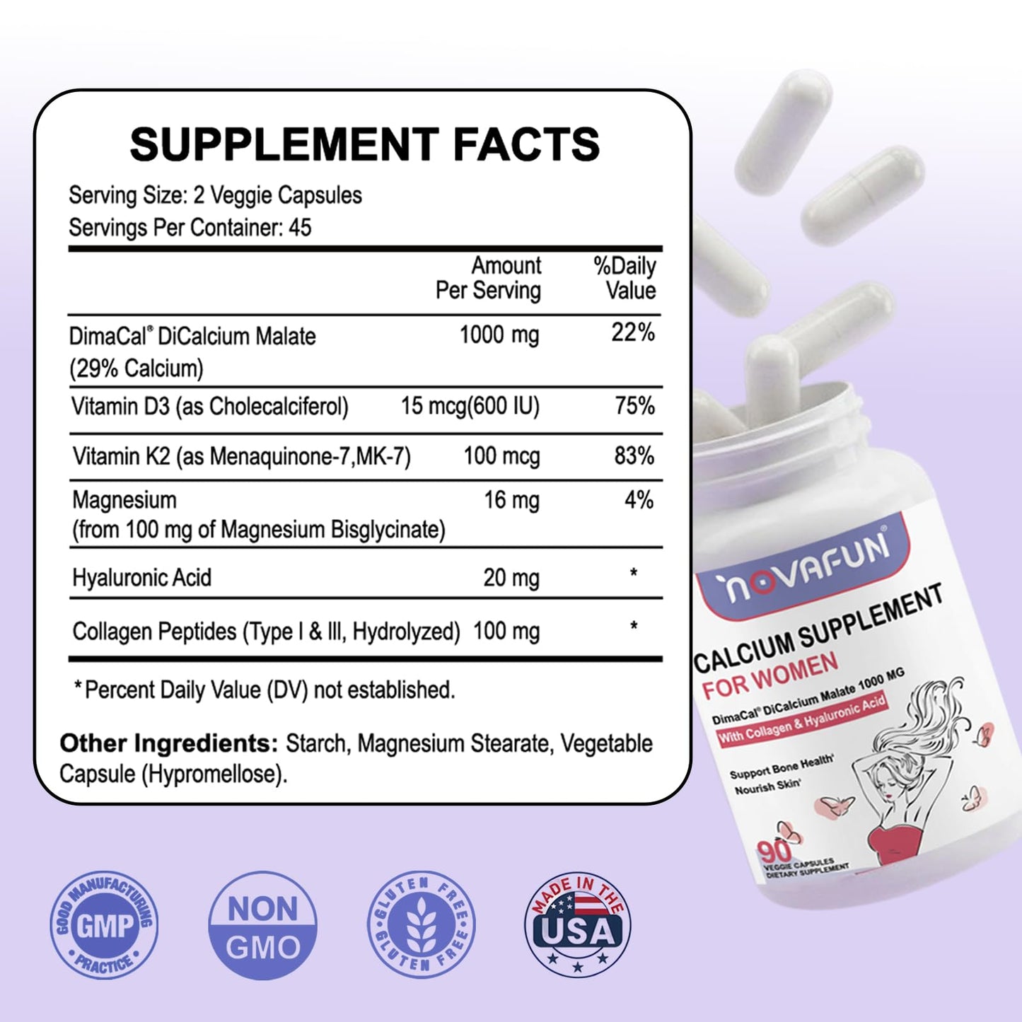 Novafun Calcium 1000mg for Women – Dicalcium Malate with Vitamin D3, K2, Magnesium, Collagen & Hyaluronic Acid | 90 Veggie Capsules