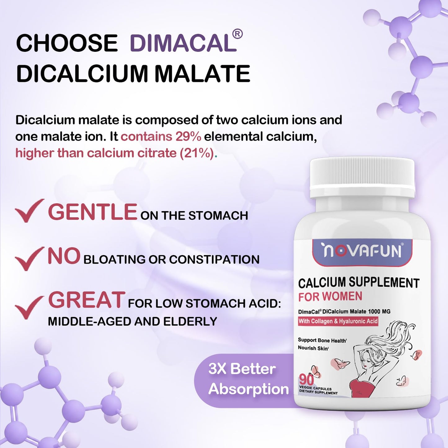 Novafun Calcium 1000mg for Women – Dicalcium Malate with Vitamin D3, K2, Magnesium, Collagen & Hyaluronic Acid | 90 Veggie Capsules