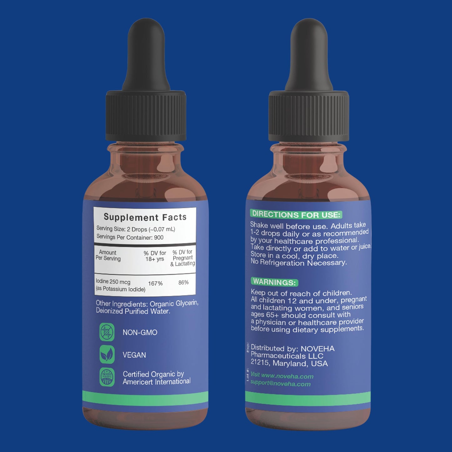 NOVEHA Iodine Drops – Organic Potassium Iodide, 250 mcg per Serving | Thyroid Support, Vegan & Gluten-Free | 30-Month Supply