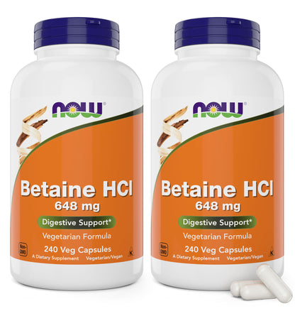 NOW Foods Betaine HCl 648 mg 240 Veg Capsules (Pack of 2) – Digestive Enzymes with Pepsin Protease