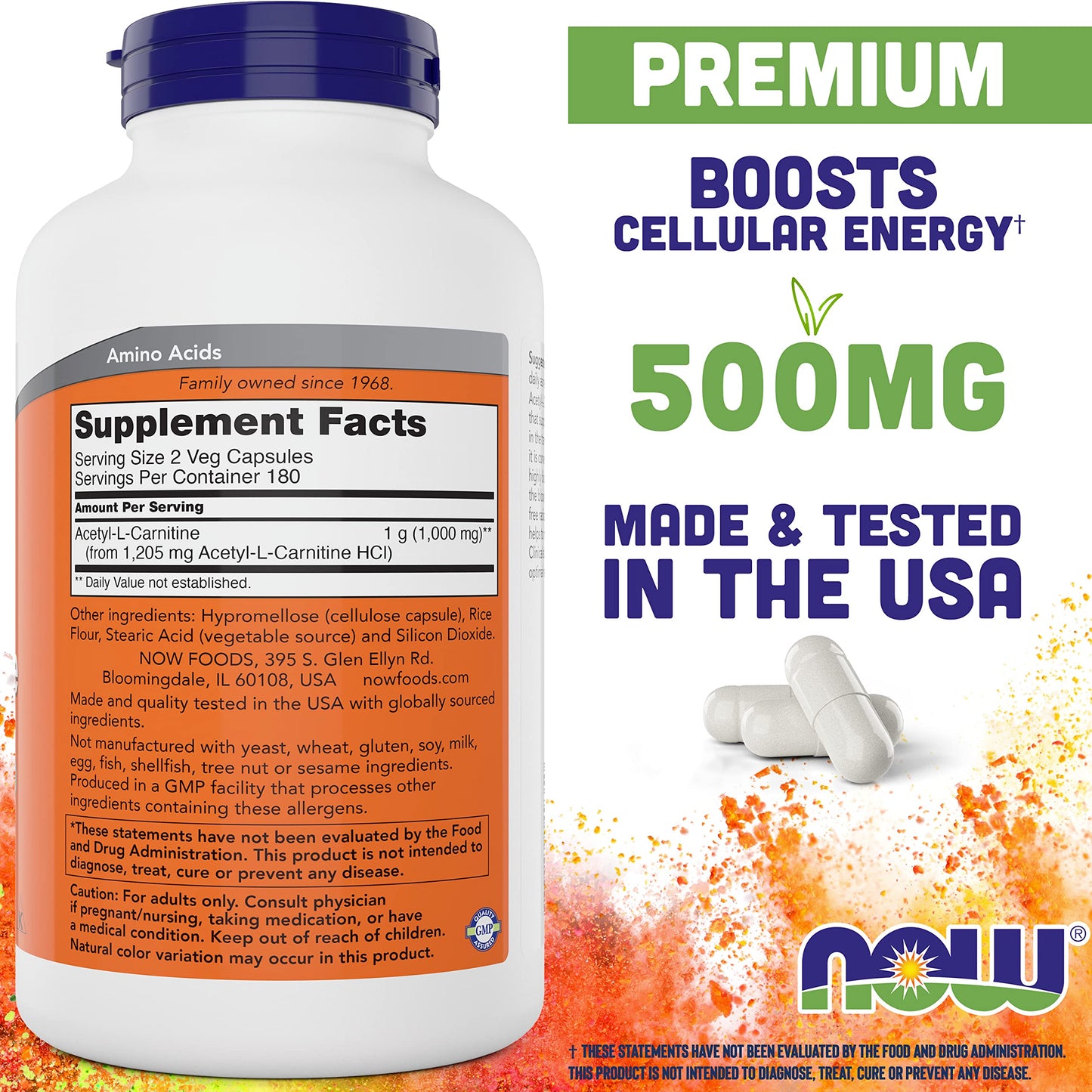 NOW Foods Acetyl L-Carnitine 500mg 2-Pack | 720 Capsules | Non-GMO, Vegan ACL 500 mg