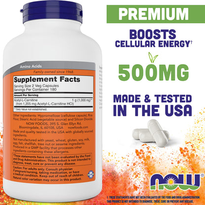 NOW Foods Acetyl L-Carnitine 500mg 2-Pack | 720 Capsules | Non-GMO, Vegan ACL 500 mg