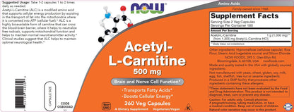 NOW Foods Acetyl L-Carnitine 500mg 2-Pack | 720 Capsules | Non-GMO, Vegan ACL 500 mg