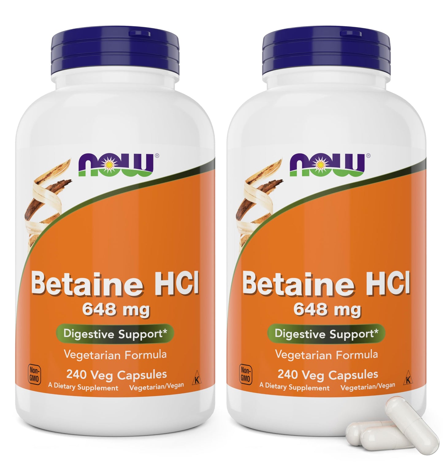 NOW Foods Betaine HCl 648 mg 240 Veg Capsules (Pack of 2) – Digestive Enzymes with Pepsin Protease