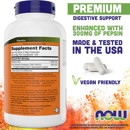 NOW Foods Betaine HCl 648 mg 240 Veg Capsules (Pack of 2) – Digestive Enzymes with Pepsin Protease